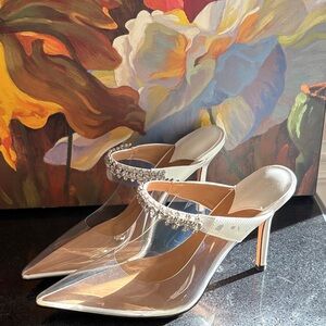NWOT Chic White and Clear Women's Heels with Rhinestone Strap PRICED TO SELL